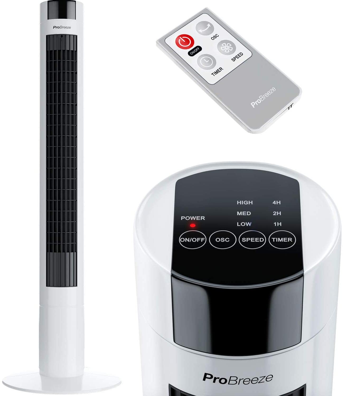 Pro Breeze™ Oscillating Tower Fan with Powerful Fan Automatic Oscillation with Remote Control and Timer, White
